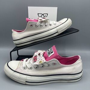 CONVERSE ALL STAR Womens sz 8 LOW RISE SNEAKERS White Double Tongue Pink Flowers